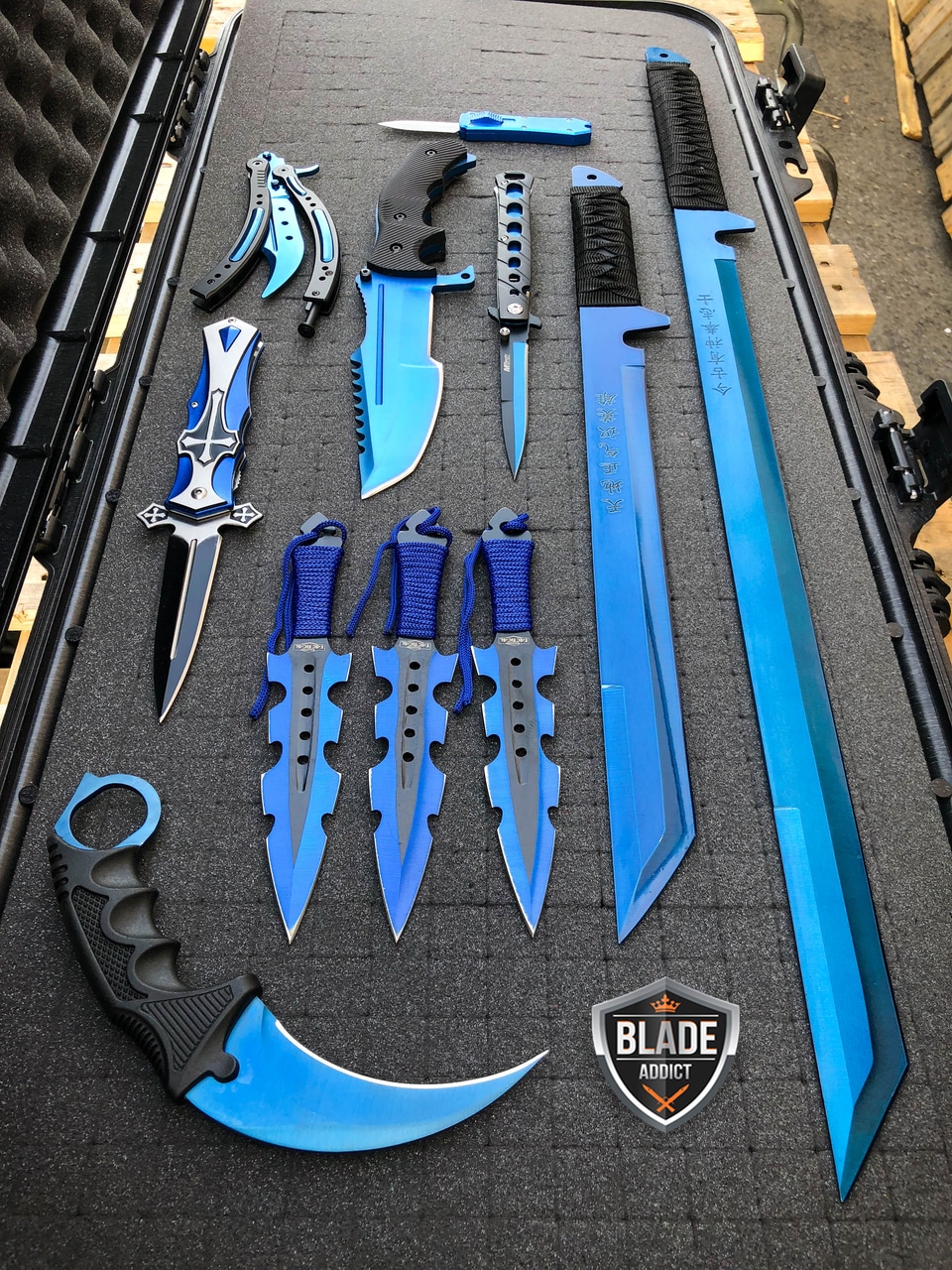 Elite Blue Tactical Set - Swords, Karambit, Throwing Knives, Pocket Knife, Balisong Trainer SET