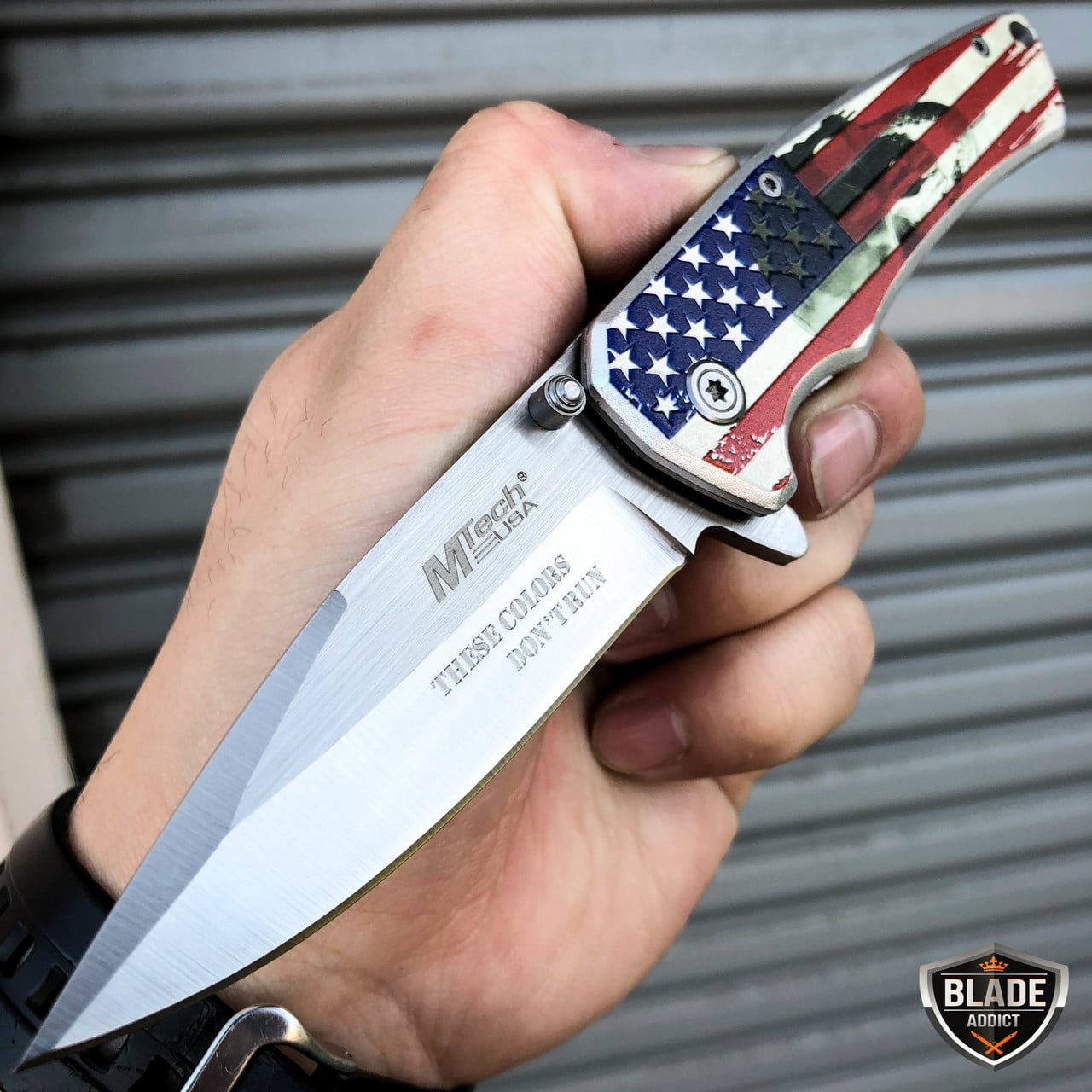 8″ MTech USA American Flag Skull Spring Assisted Open Folding Pocket Knife