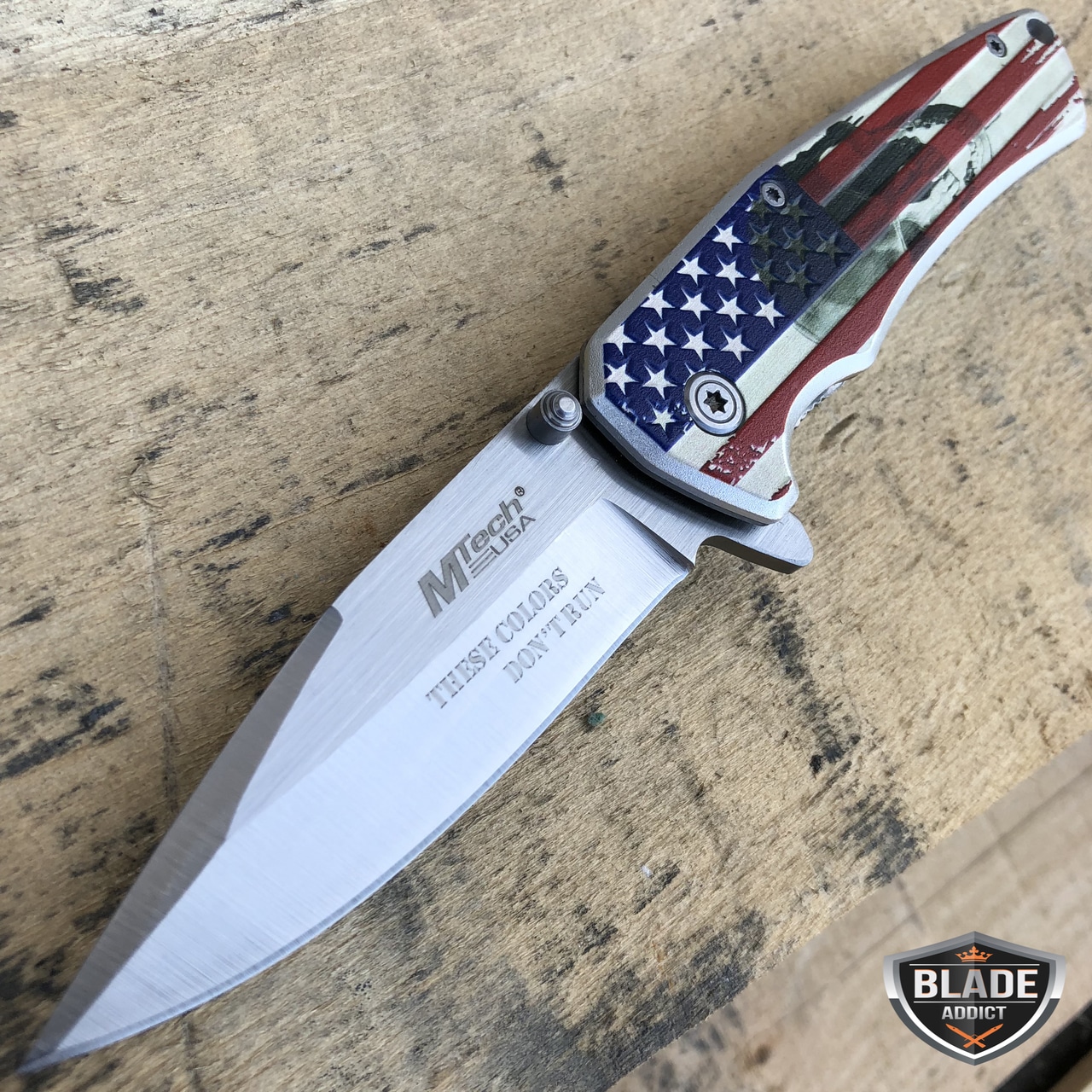 8" MTech USA American Flag Skull Spring Assisted Open Folding Pocket Knife