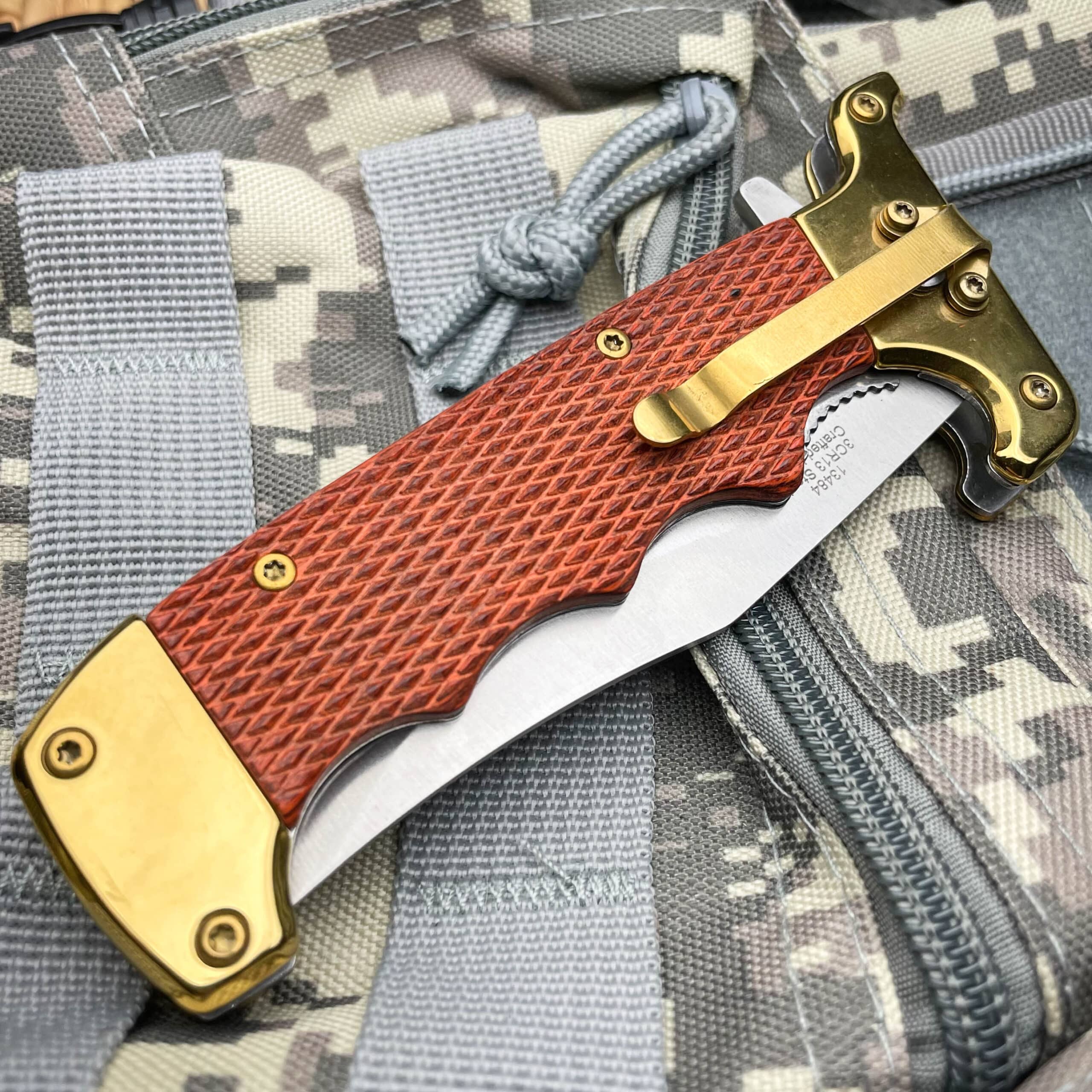 Collector's Real Wood Handle Bowie Style Spring Assisted Folding Pocket Knife Gold