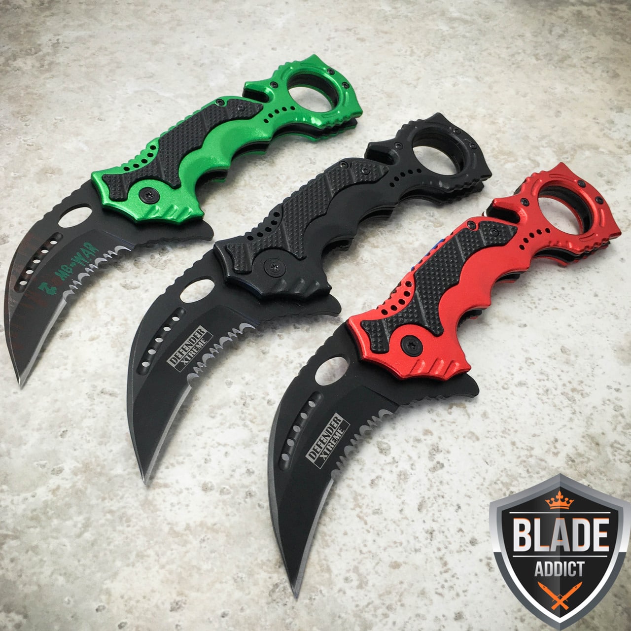 3PC 8″ KARAMBIT Hawkbill Tactical Claw Spring Assisted Pocket Knife Rescue Blade