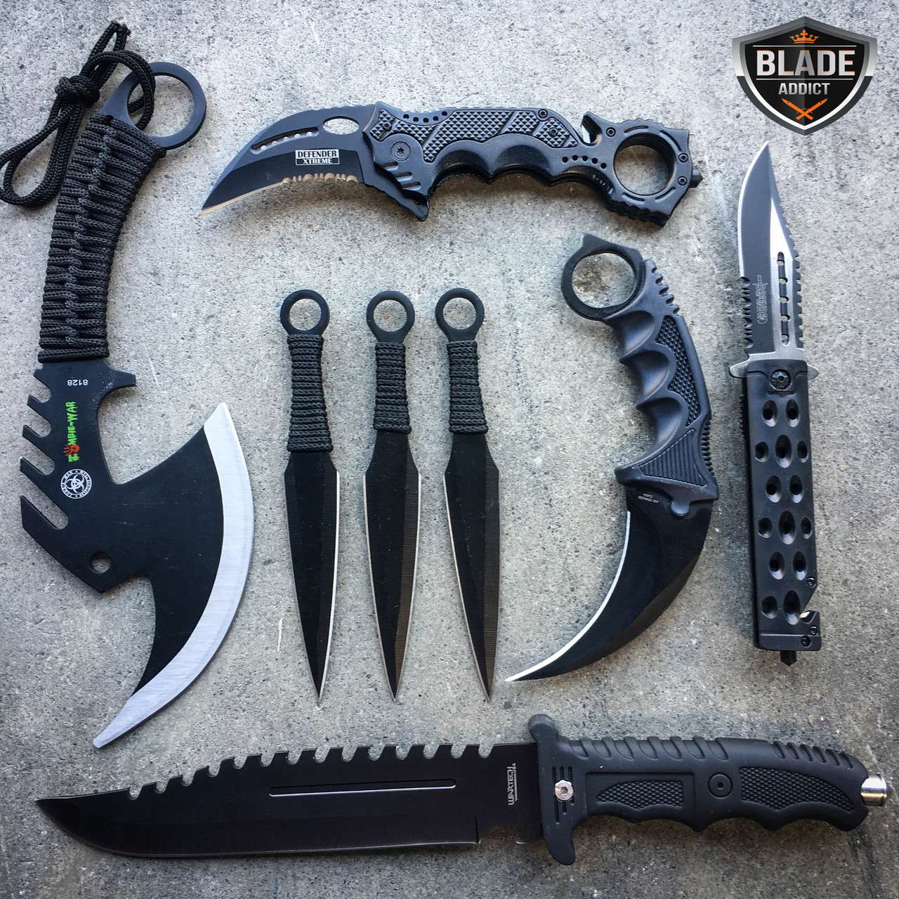 8 PC BLACK Tactical Zombie Axe Fixed Blade Hunting Knife Karambit Throwing Set