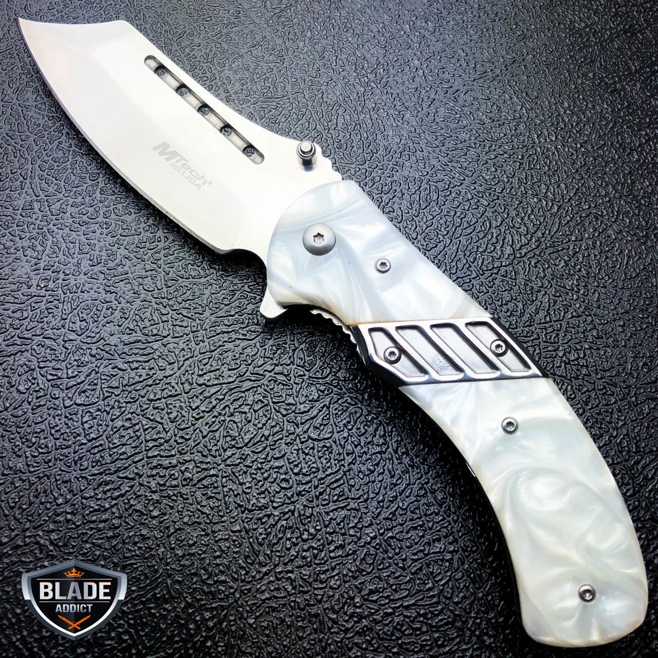 8.5" Tactical CLEAVER RAZOR Spring Assisted White Pearl Folding Pocket Knife NEW