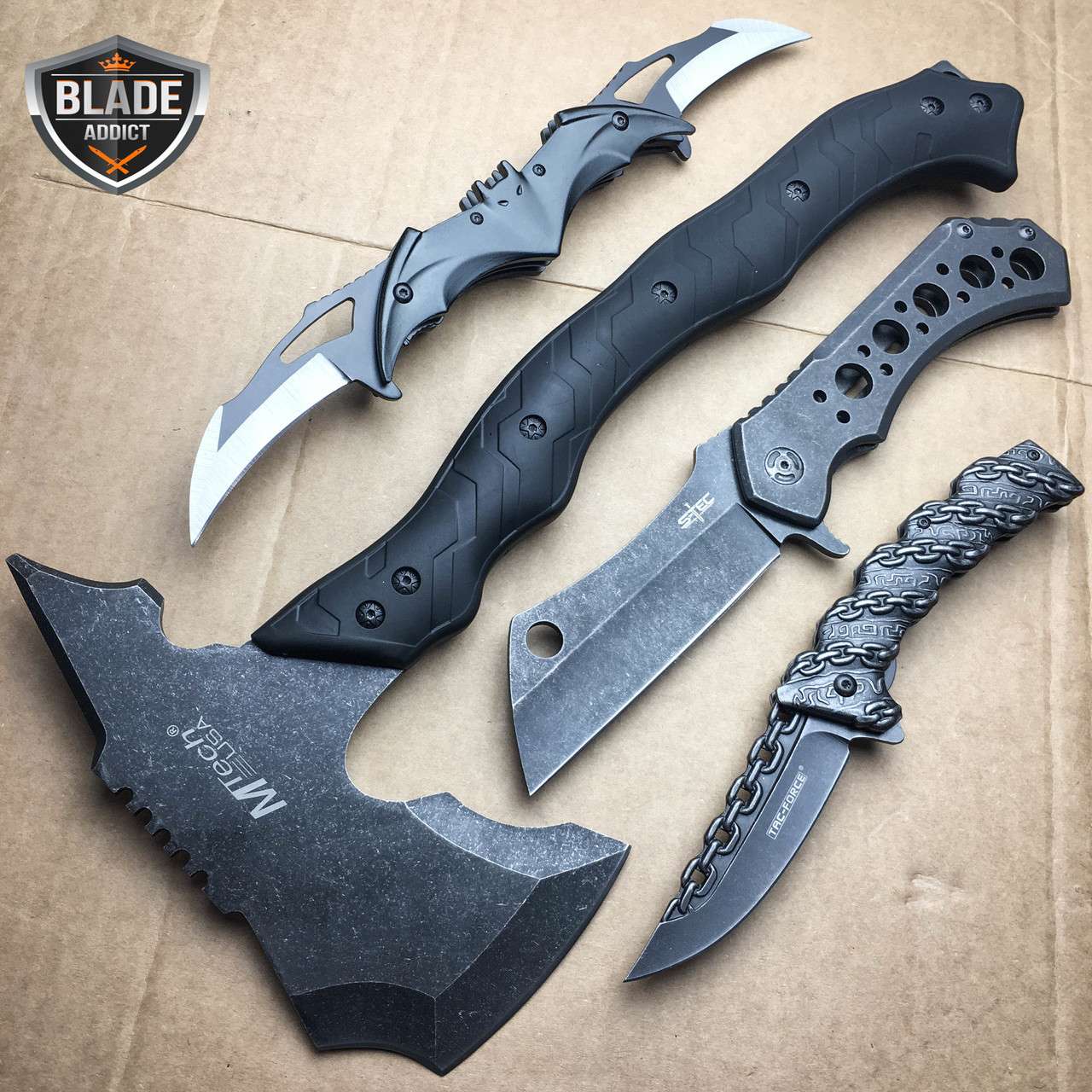 4 PC Tactical Hunting Survival Axe Bat Chain Cleaver Pocket Knife Set NEW LOT