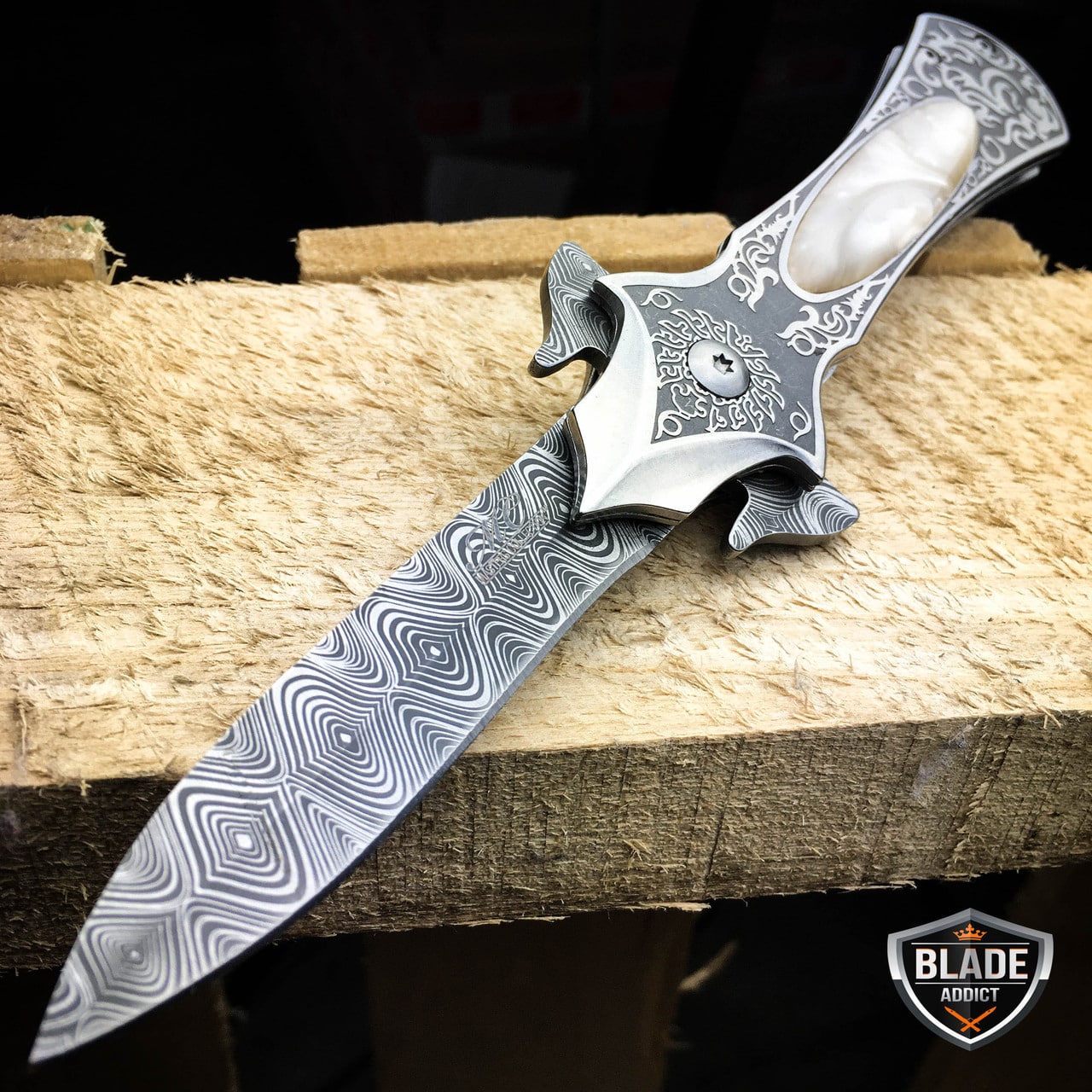 8" FANTASY FOLDING Dagger Dirk POCKET KNIFE Damascus Ninja Blade Diablo NEW