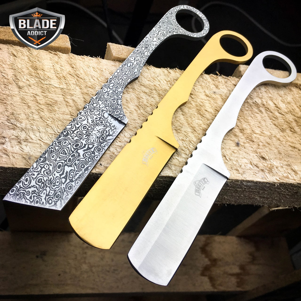 Straight Edge Razor Fixed Blade GOLD Cleaver TANTO Hunting Knife Karambit NEW