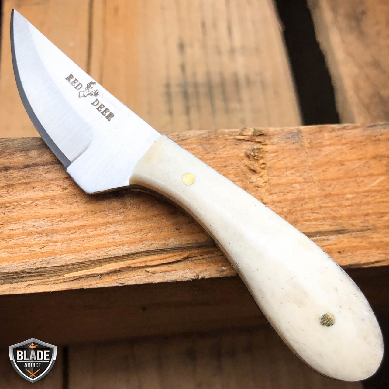 4.75" Hunting Fixed Blade Full Tang Skinning Neck Knife Bone + Leather Sheath