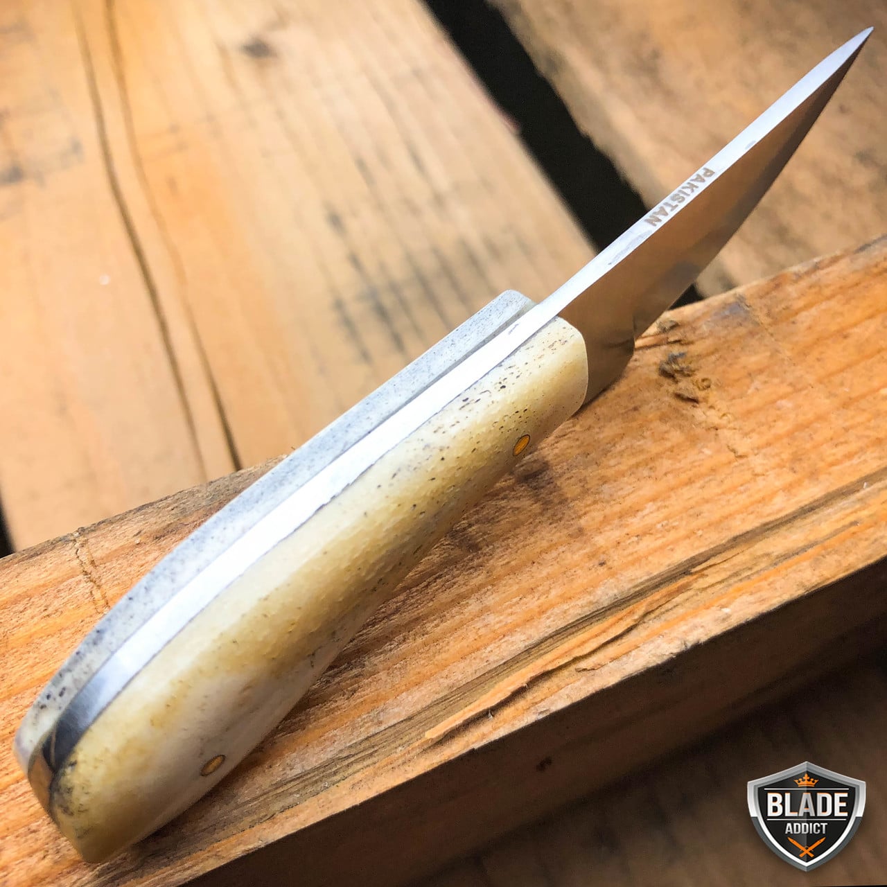 4.75" Hunting Fixed Blade Full Tang Skinning Neck Knife Bone + Leather Sheath