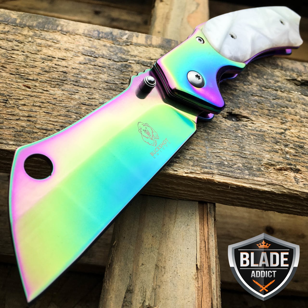 8″ TACTICAL Spring Assisted Open Pocket Knife CLEAVER RAZOR RAINBOW PEARL Blade
