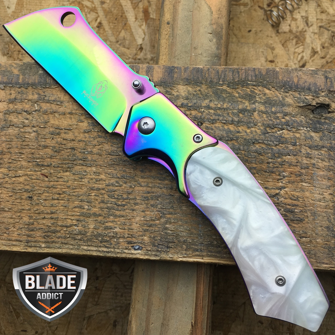 8" TACTICAL Spring Assisted Open Pocket Knife CLEAVER RAZOR RAINBOW PEARL Blade