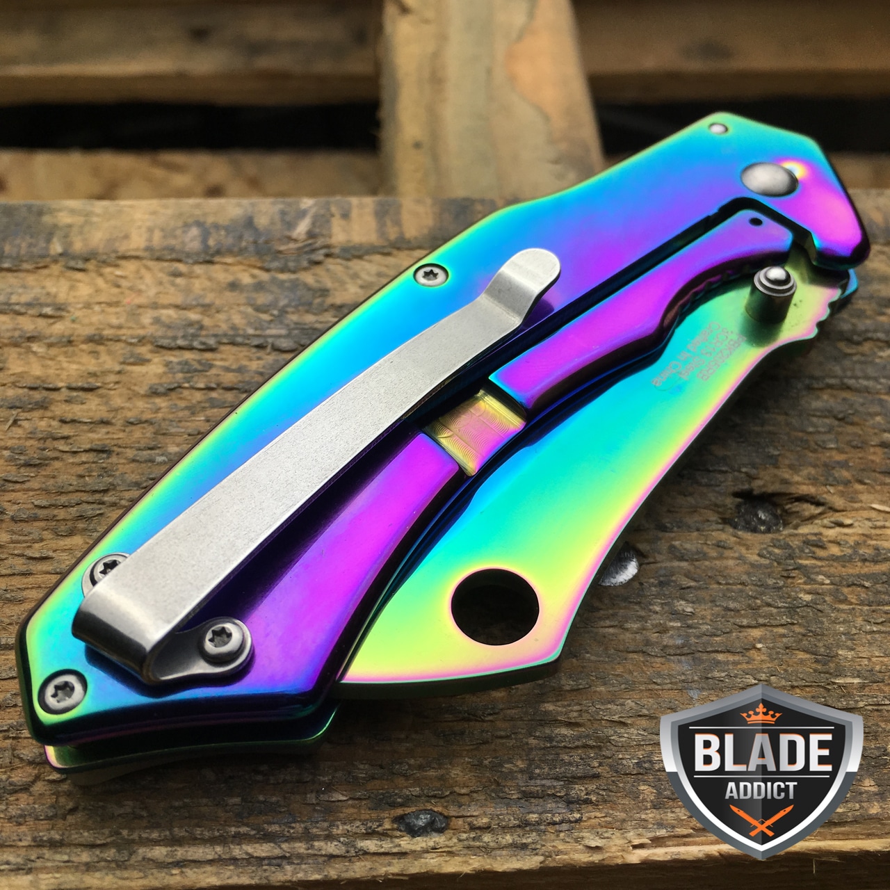 8" TACTICAL Spring Assisted Open Pocket Knife CLEAVER RAZOR RAINBOW PEARL Blade