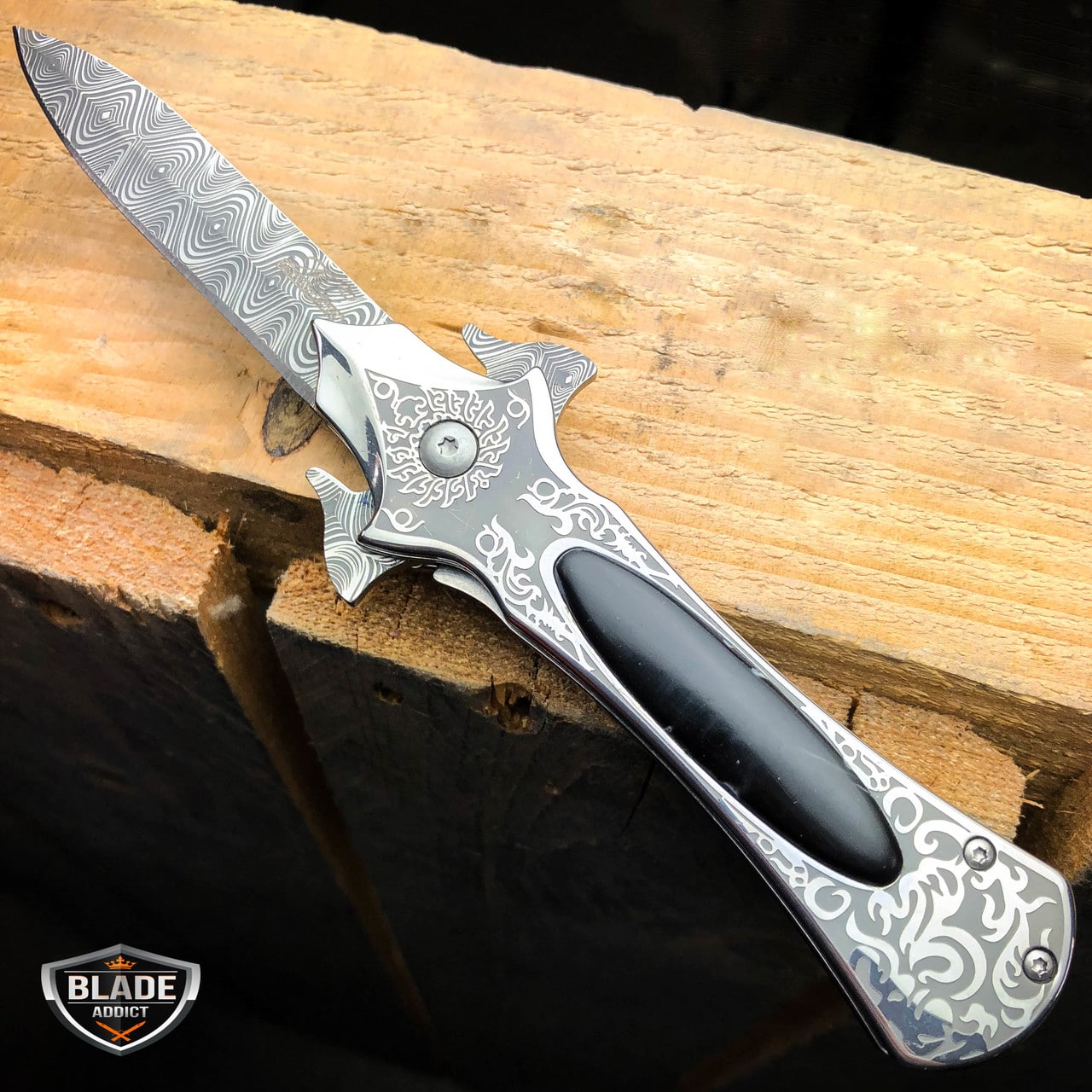 8" FANTASY FOLDING Dagger Dirk POCKET KNIFE Damascus Ninja Blade Diablo Black