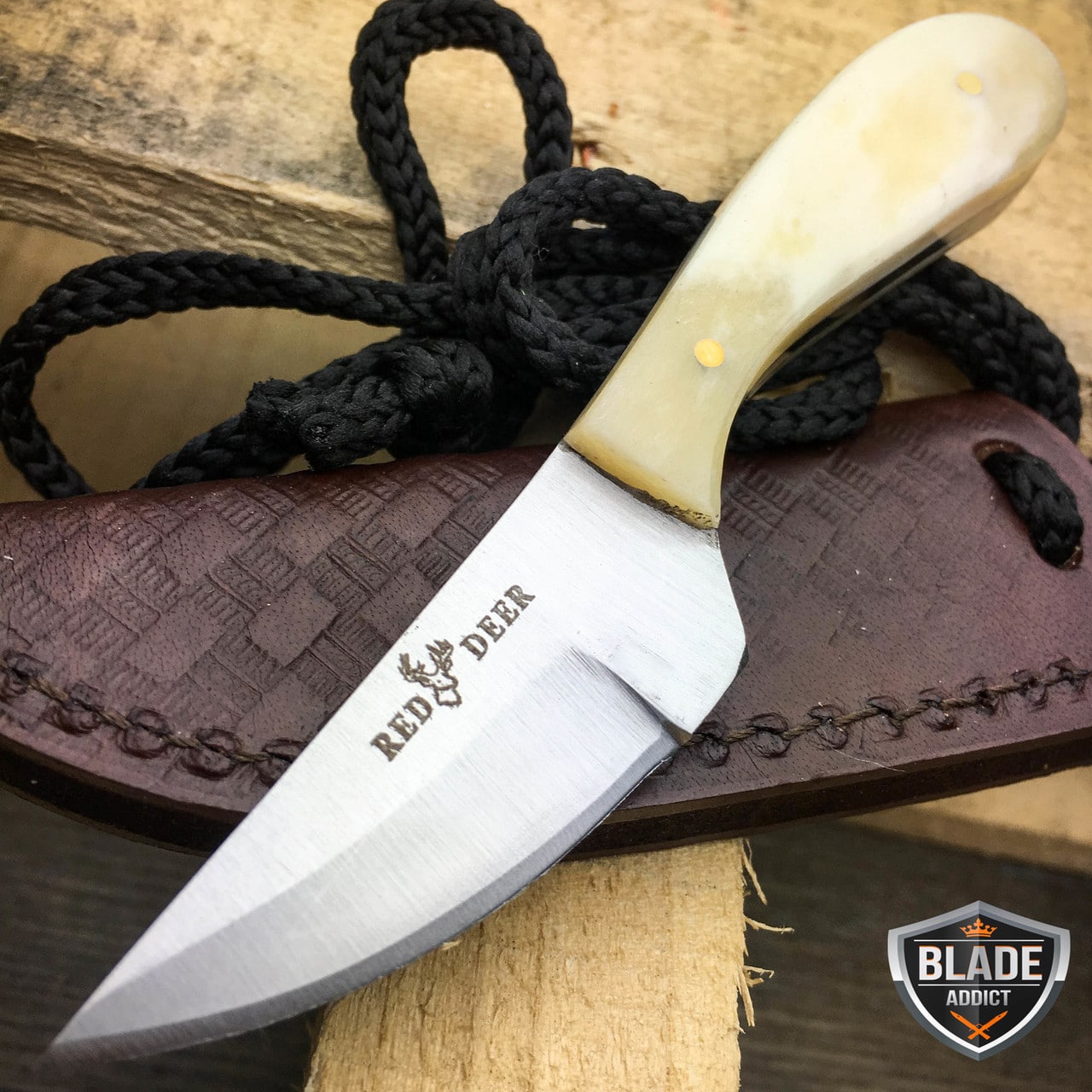 4.75″ Hunting Fixed Blade Full Tang Neck Skinning Knife Bone + Leather Sheath