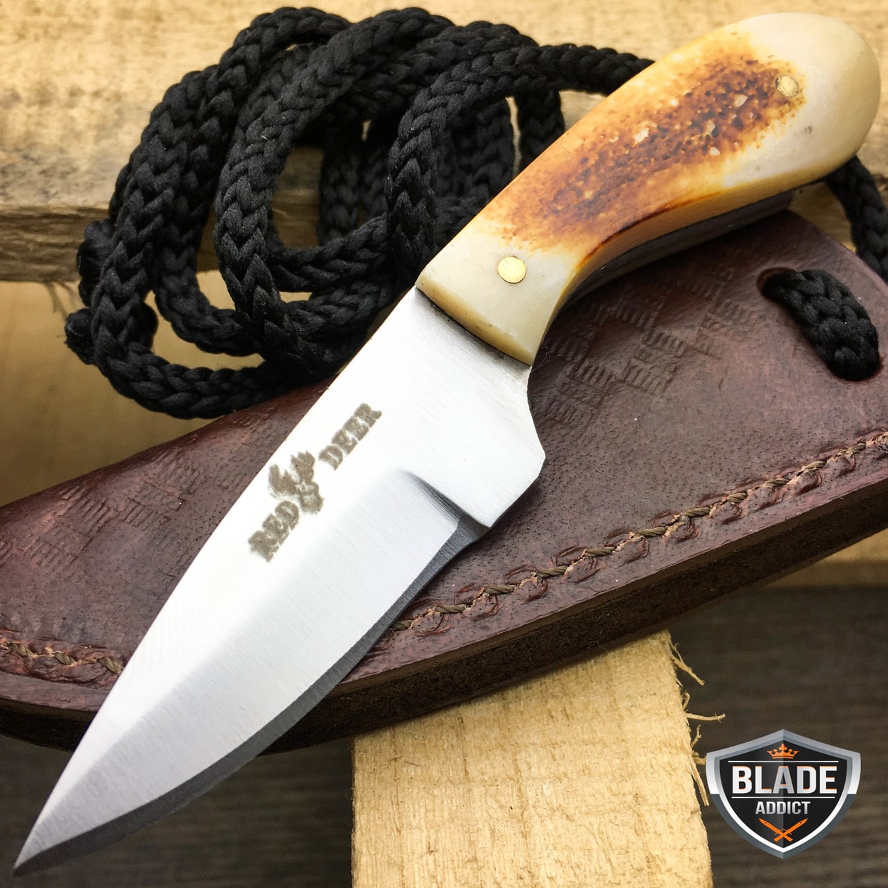 4.5″ Hunting Fixed Blade Full Tang Neck Skinning Knife Bone + Leather Sheath New