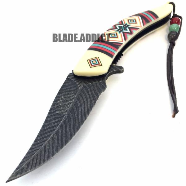 8.5" Native American Indian Spring Assisted Open Pocket Knife Damascus Feather 6