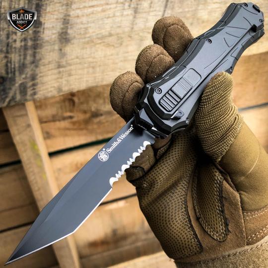 Smith & Wesson OTF Assist Finger Actuator Tanto Knife (3.2" Black Serr)
