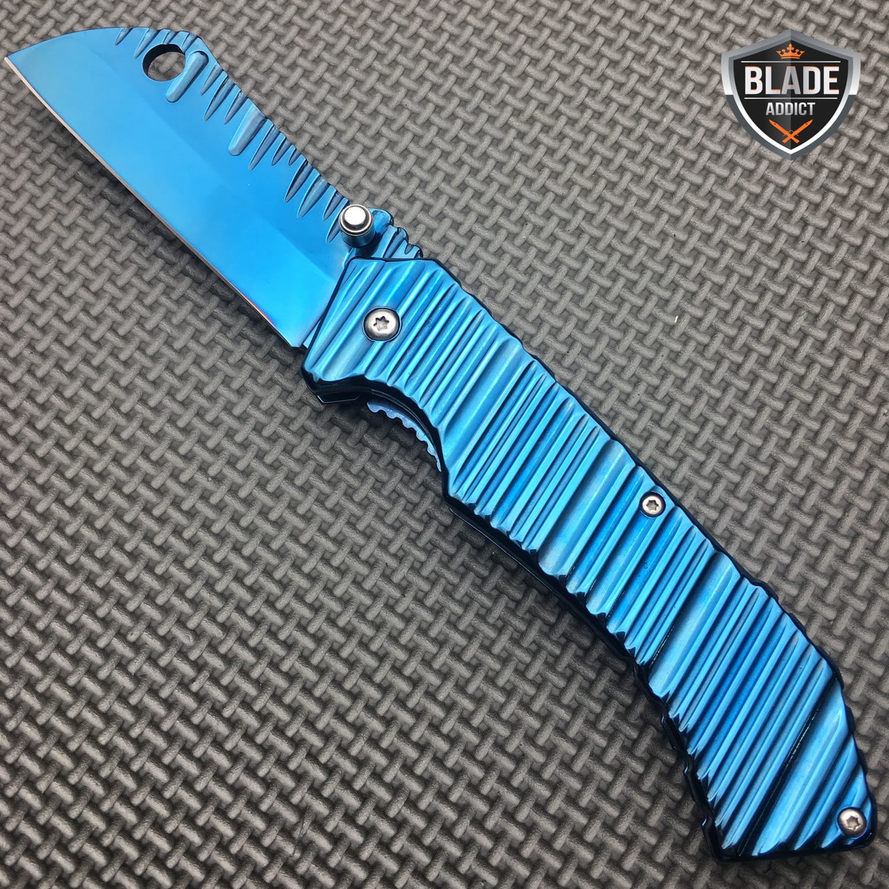 8" TACTICAL Spring Assisted Open Pocket Knife CLEAVER RAZOR Titanium Blue Blade