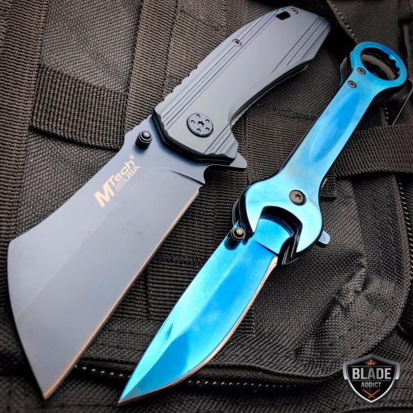 2PC TACTICAL Spring Assisted Open Pocket Knife CLEAVER RAZOR BLUE + Wrench Blade