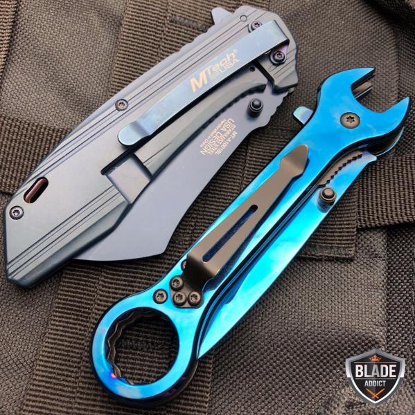 2PC TACTICAL Spring Assisted Open Pocket Knife CLEAVER RAZOR BLUE + Wrench Blade