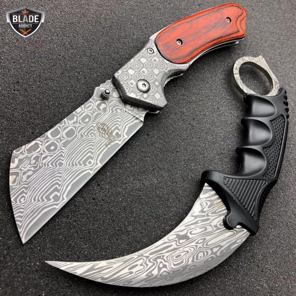 2PC TACTICAL Spring Assisted Pocket Knife CLEAVER RAZOR DAMASCUS ETCH + Karambit
