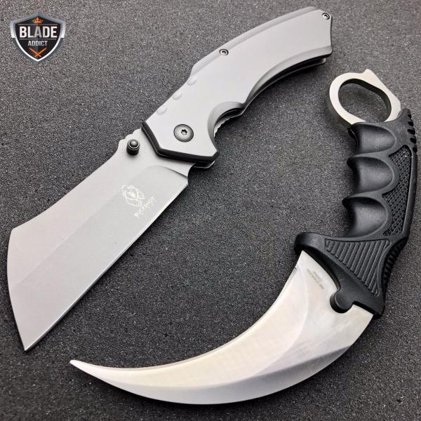 2PC TACTICAL Spring Assisted Pocket Knife CLEAVER RAZOR DAMASCUS ETCH + Karambit