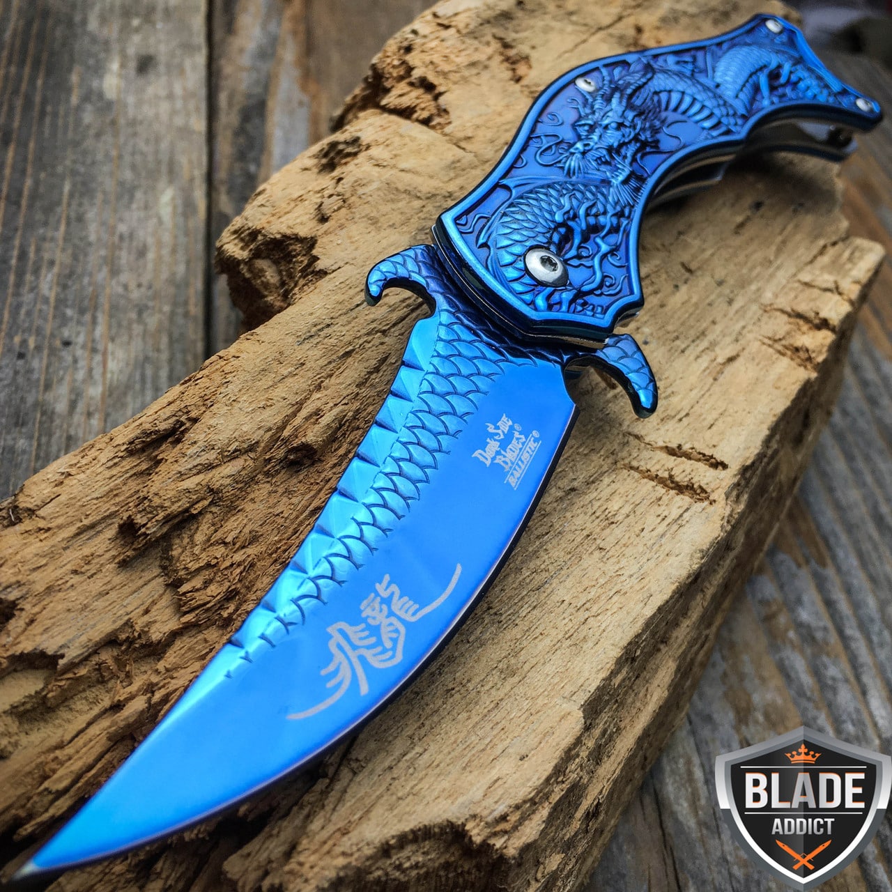 8" DRAGON BLUE TACTICAL Spring Assisted Open Blade FOLDING POCKET KNIFE Fade