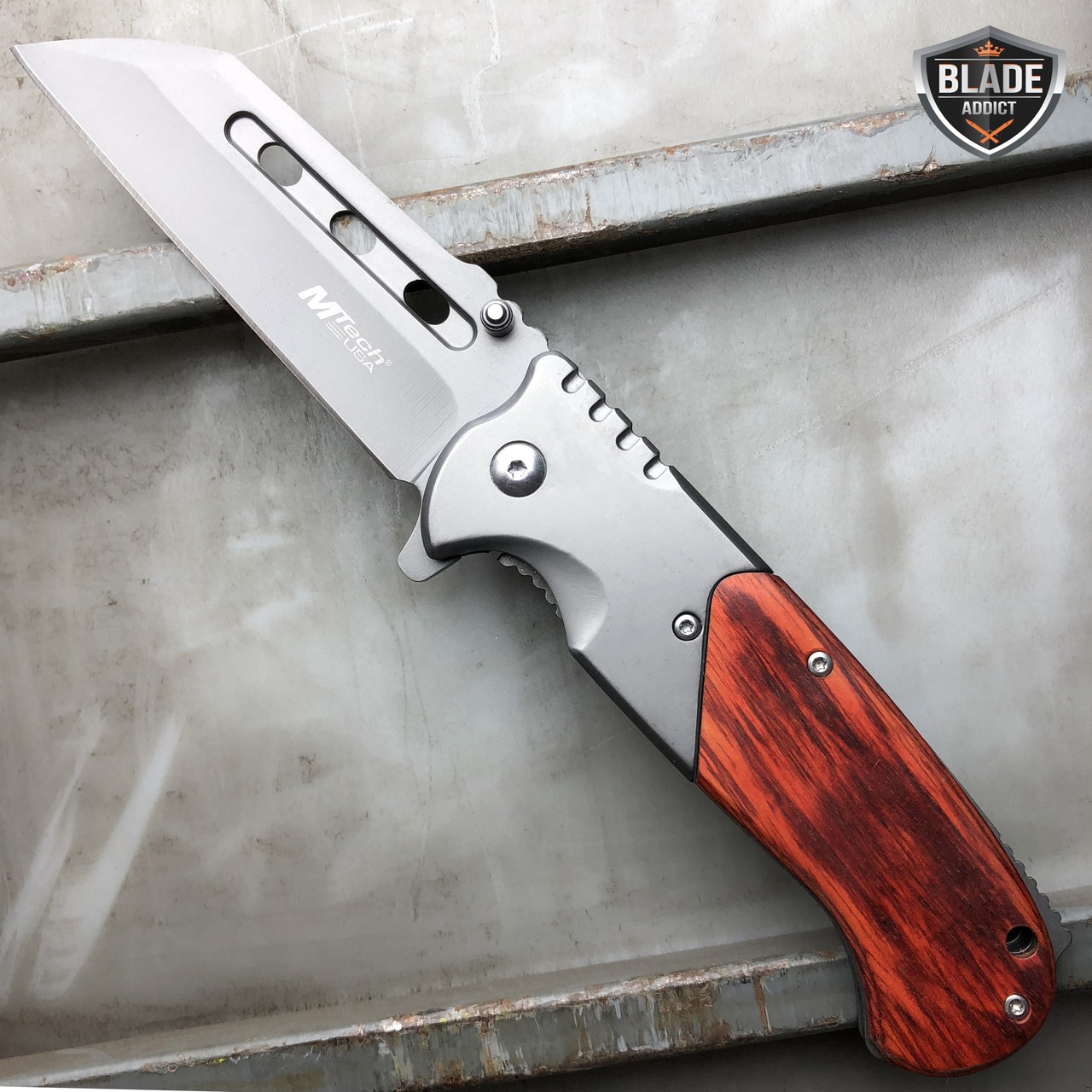 M-Tech TACTICAL Spring Assisted Pocket Knife CLEAVER RAZOR FOLDING Blade Wood