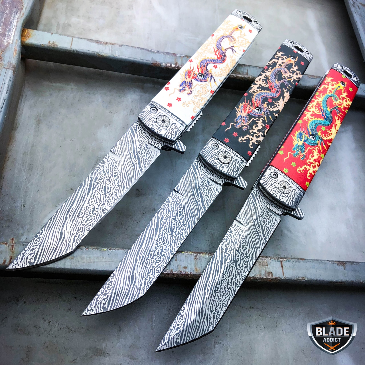 3 PC 8" Dragon Damascus Sword Style Spring Assisted Open Folding Pocket Knife