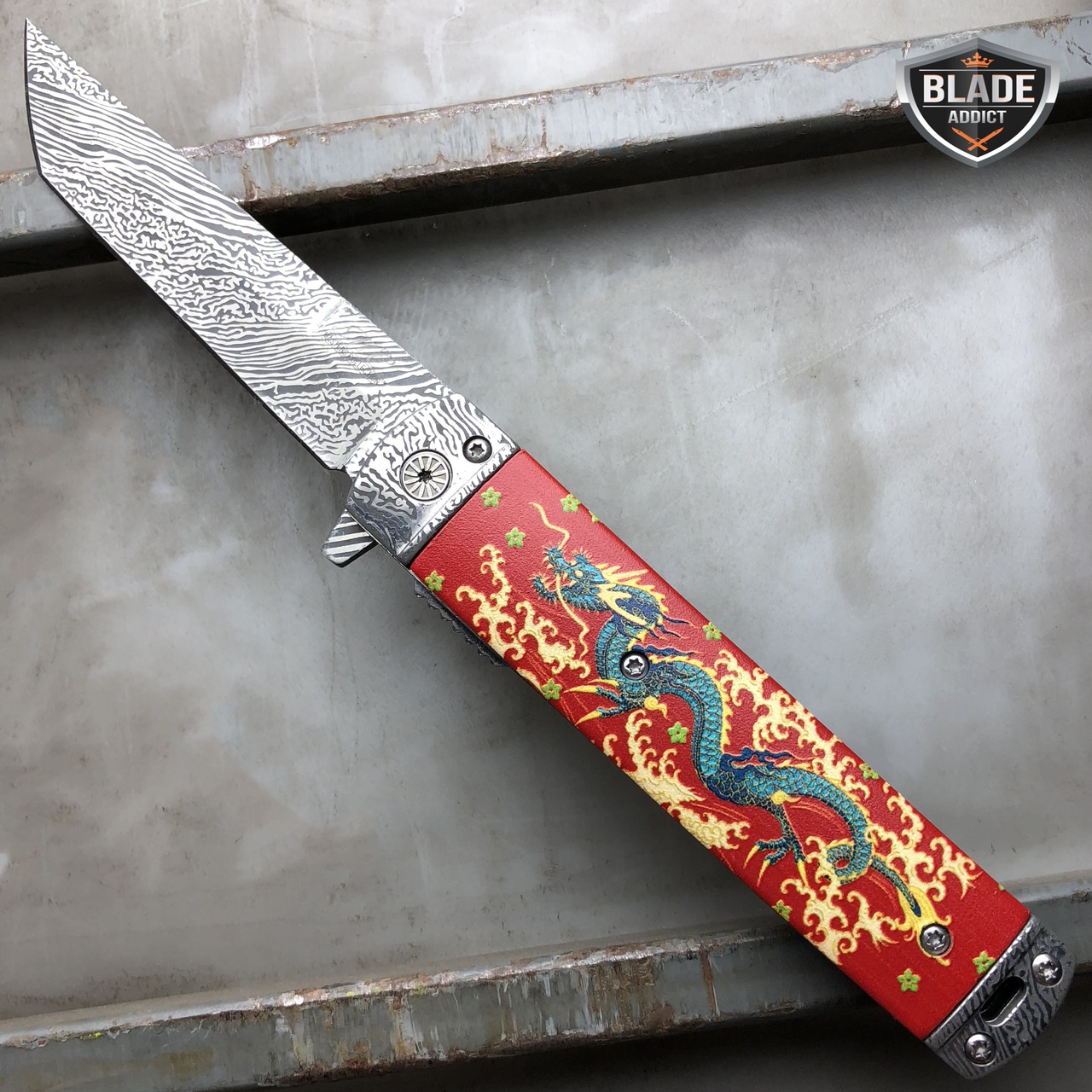 8" Dragon Damascus Sword Style Spring Assisted Open Folding Pocket Knife RED New