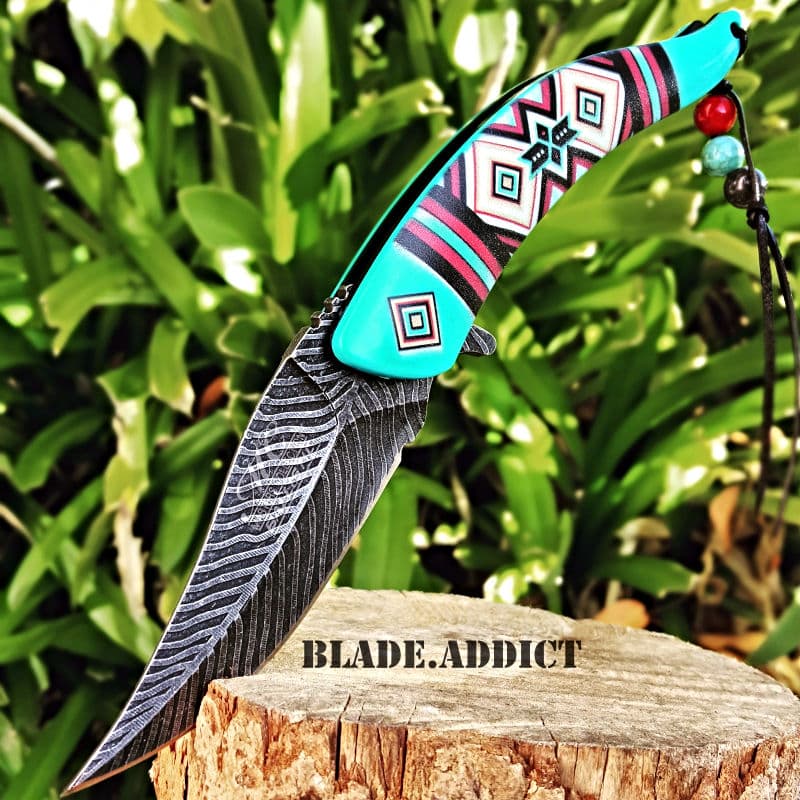 8.5″ Native American Indian Spring Assisted Open Pocket Knife Damascus Feather  BL