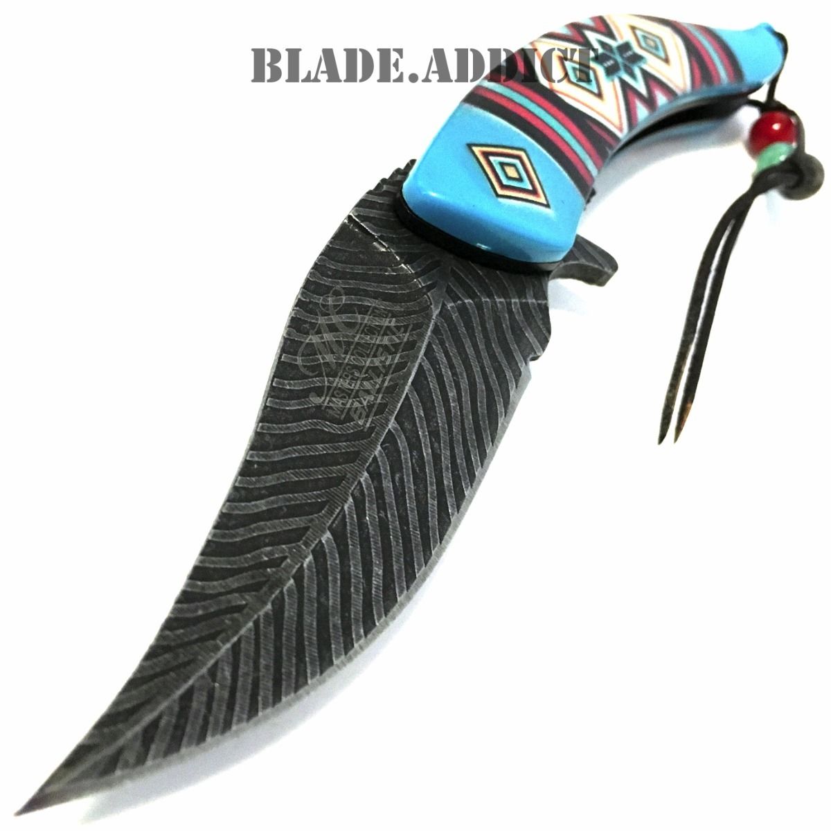 8.5" Native American Indian Spring Assisted Open Pocket Knife Damascus Feather  BL