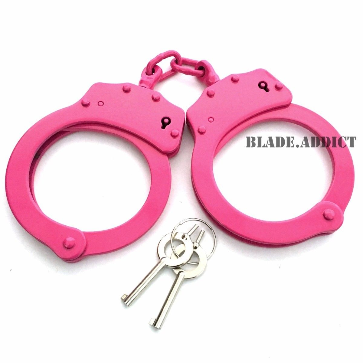 PINK DOUBLE LOCK NICKEL PLATED HEAVY DUTY STAINLESS STEEL HAND CUFFS + KEYS Real