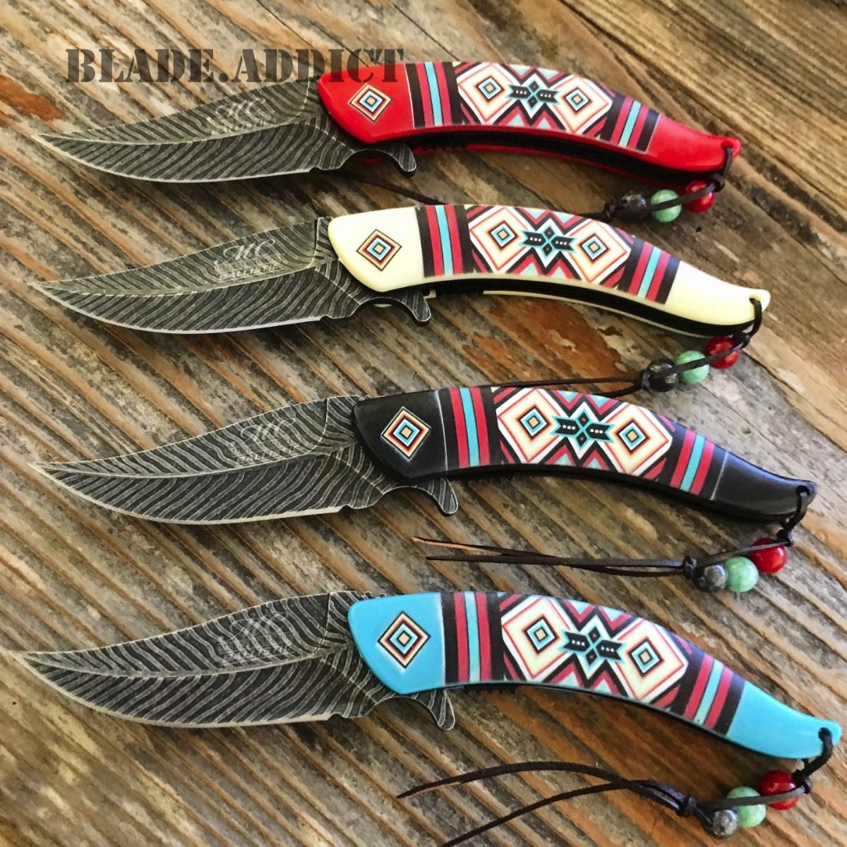 4PC NATIVE AMERICAN FEATHER DAMASCUS SPRING ASSISTED POCKET KNIFE