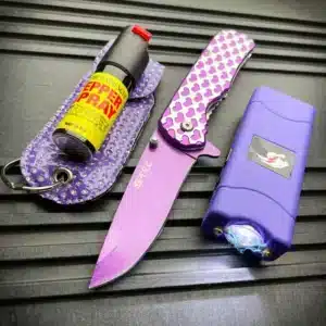 Tactical Stun Gun Flashlight + Pocket Knife + Pepper Spray Self Defense KIT NEW