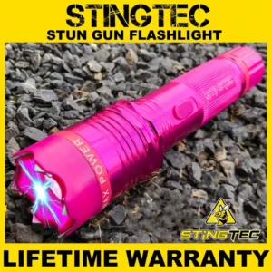 STINGTEC PINK METAL Stun Gun MAX POWER Rechargeable LED Flashlight w/ Case NEW