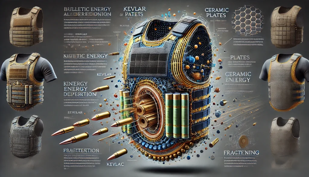 Detailed illustration of the inner workings of bulletproof gear, showing a cross-section of a bulletproof vest with layers of Kevlar and ceramic plates. The image includes labeled sections depicting how the vest absorbs, disperses, and neutralizes bullet energy, with visual representations of bullet slowing, flattening, and impact fragmentation."
