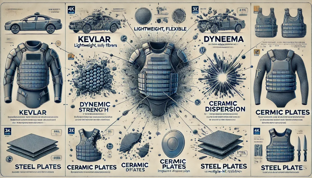 Illustration showing the different materials used in bulletproof gear: Kevlar, Dyneema, Ceramic Plates, and Steel Plates. The image highlights Kevlar as lightweight and flexible fibers, Dyneema’s strength and floating ability, Ceramic Plates demonstrating impact dispersion and shattering, and Steel Plates illustrating durability and multiple-hit resistance. Each material is labeled with descriptions of its properties and applications.