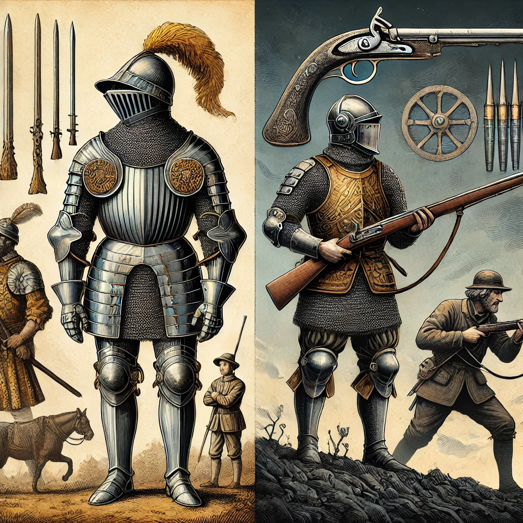 Illustration of the evolution of armor from medieval times to the firearm era. On the left, a medieval knight is shown wearing heavy interlocking metal plate armor, designed to protect against swords and arrows. On the right, a 15th-16th century soldier with an early firearm symbolizes the decline of traditional metal armor due to the effectiveness of new weaponry. The background blends a medieval battlefield with elements of the gunpowder age, highlighting the contrast between old and new combat technologies.