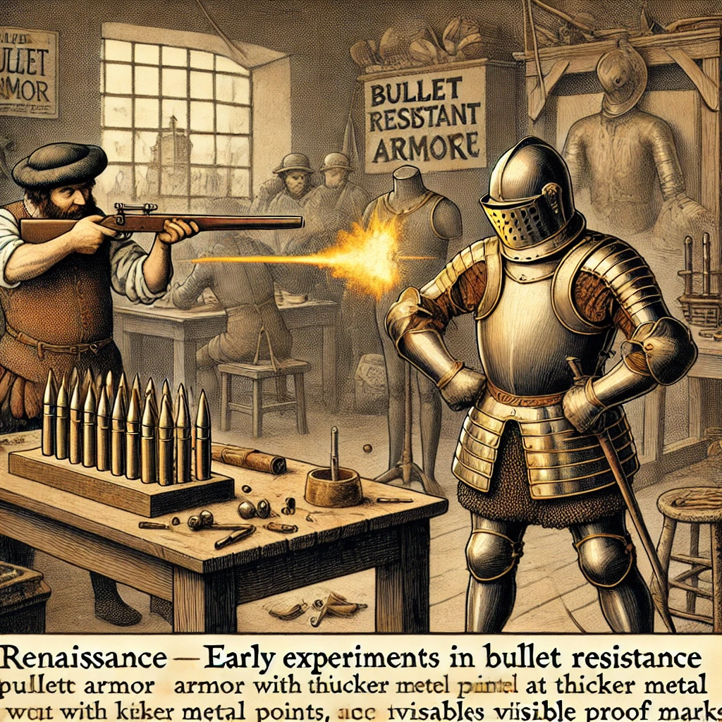 Illustration of Renaissance innovations in early bullet resistance experiments. The image shows a Renaissance armorer in a workshop testing proofed armor by firing a primitive firearm at it, leaving visible proof marks on the thicker metal at key impact points. The armor appears heavy and uncomfortable, highlighting its impracticality for prolonged use. The background features a period-specific workshop setting, emphasizing the challenges and innovation of creating bullet-resistant armor during this time.
