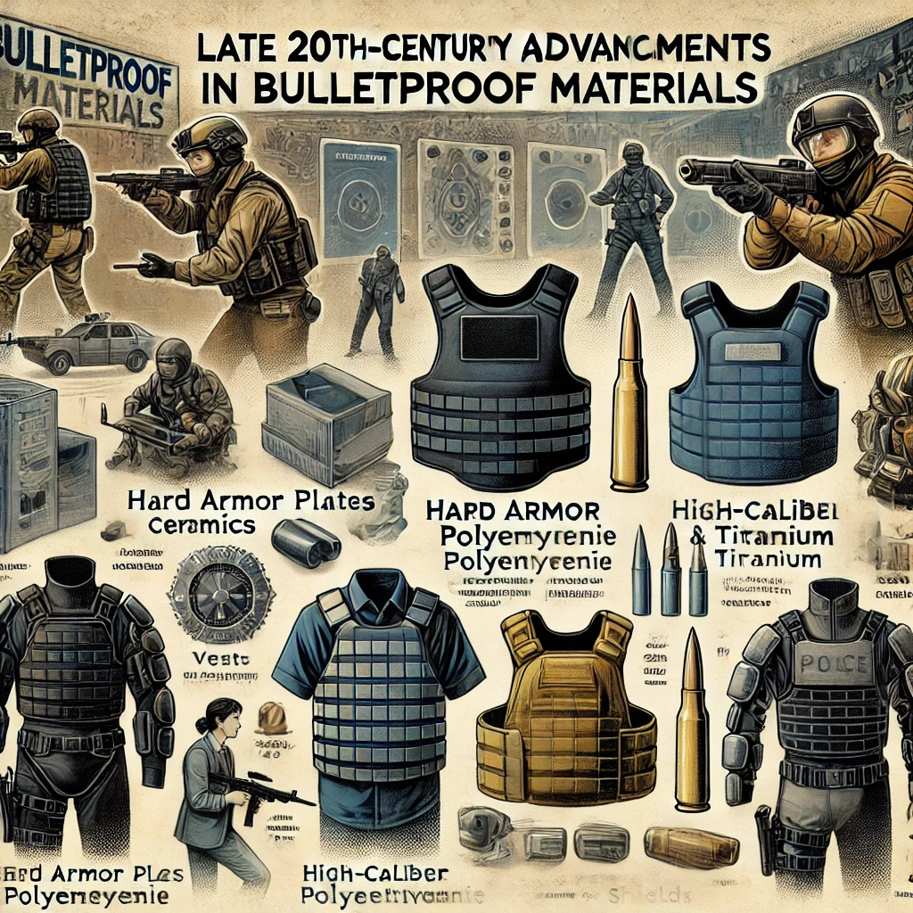 Illustration of late 20th-century advancements in bulletproof materials. The left side shows the development of hard armor plates made from ceramics, polyethylene, and titanium, highlighting their ability to protect against high-caliber and armor-piercing rounds. Various plates are depicted being tested against bullets. The right side displays diversified bulletproof gear, including vests, backpacks, clothing, and shields, illustrating their use by law enforcement, military, and civilians. The background combines elements of a modern tactical setting, emphasizing innovation and practical applications in personal protection.