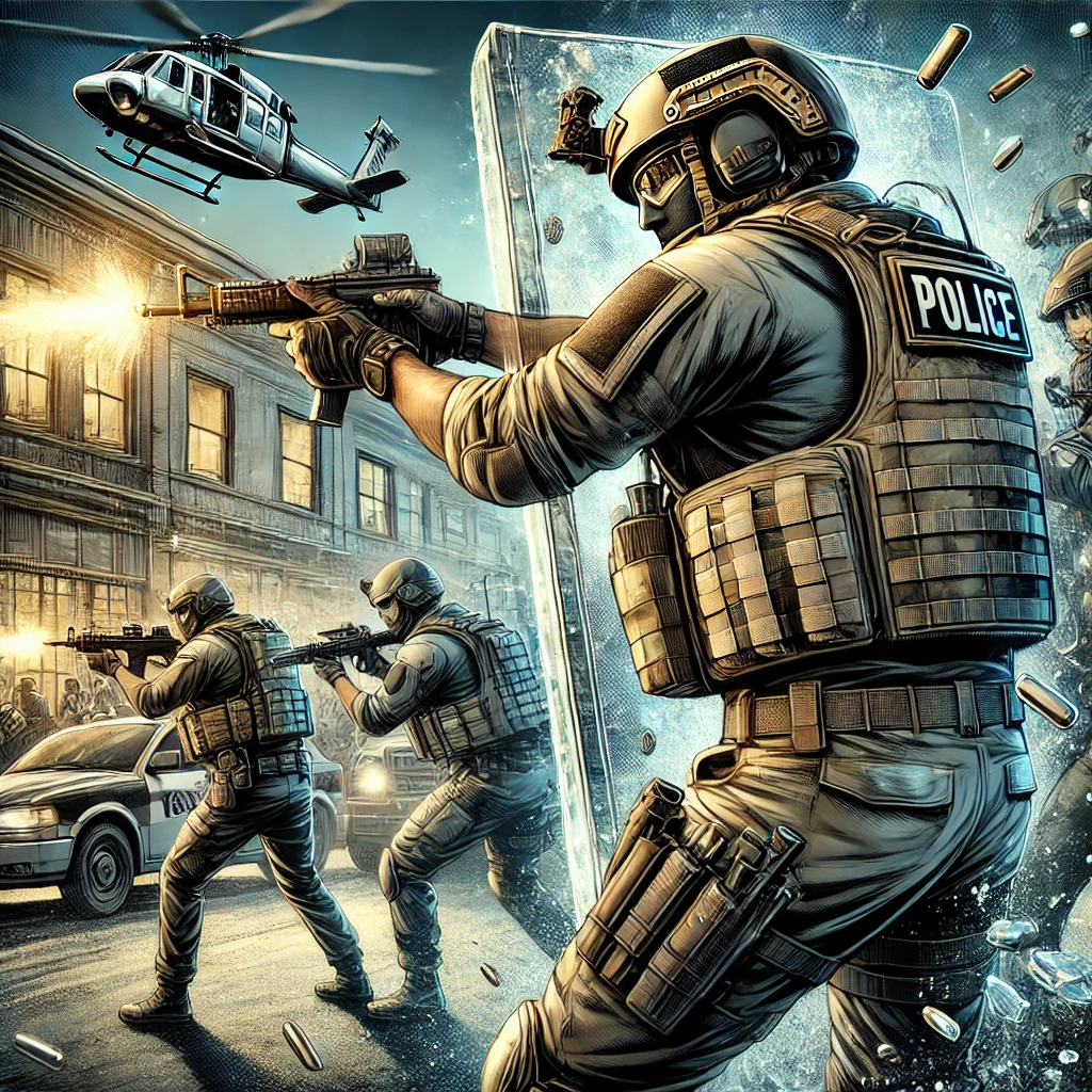 Illustration of law enforcement and military personnel using bulletproof gear in high-risk situations. The image shows police officers and soldiers equipped with bulletproof vests, helmets, and shields on the front lines facing armed criminals or terrorists. The scene captures intense tactical operations like drug raids, hostage rescues, and military combat, emphasizing the gear's role in deflecting bullets and providing crucial protection. The background depicts a high-risk urban or combat setting, highlighting the urgency and life-saving impact of the bulletproof gear.
