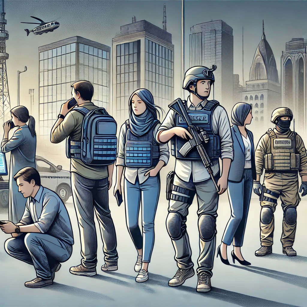 Illustration of civilians using bulletproof gear in high-risk areas. The image features a diverse group, including a student with a bulletproof backpack, a journalist in a protective vest, and a parent in a high-crime neighborhood. The scene highlights the discreet yet effective nature of bulletproof gear in protecting against stray bullets and armed assaults. The background blends urban and conflict settings, reflecting the peace of mind and confidence these products offer to people navigating dangerous environments.
