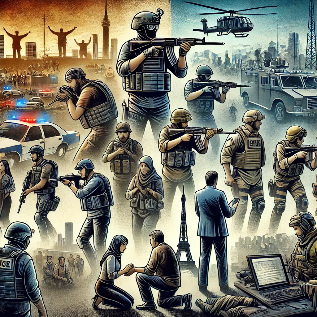An illustration capturing the evolving threat landscape with emphasis on the need for bulletproof gear. Show various scenes including mass shootings,