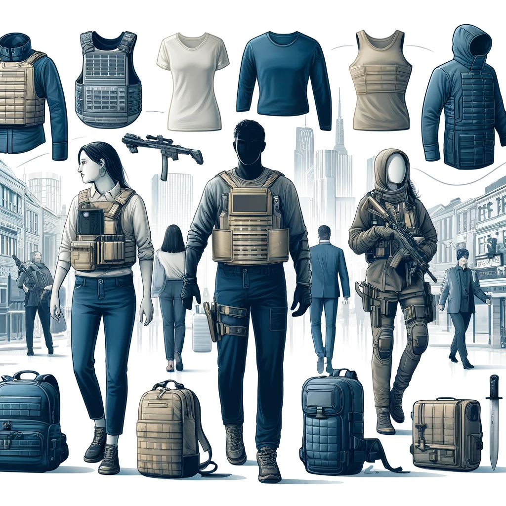An-illustration-showcasing-the-versatility-and-accessibility-of-modern-bulletproof-gear.-Display-a-variety-of-protective-products-including-lightweig.