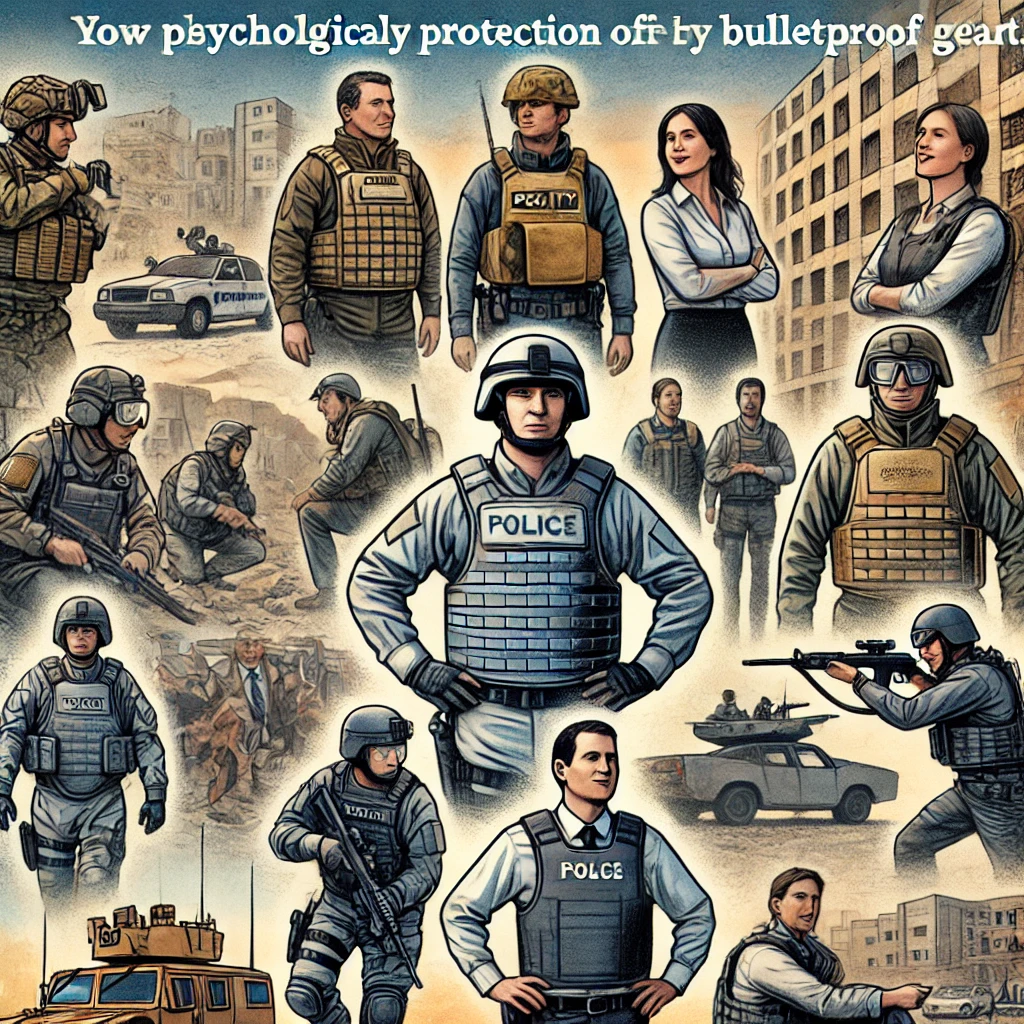 Illustration of the psychological benefits of bulletproof gear, showing individuals in high-stress environments like security personnel, journalists, and civilians wearing bulletproof vests. Highlights confidence and sense of control provided by bulletproof gear, illustrating its impact on personal safety in urban and high-risk settings.
