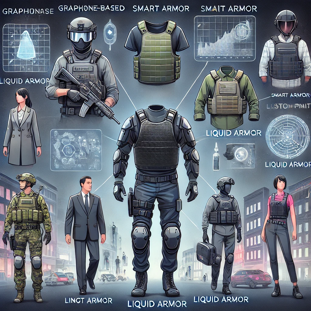 Illustration of the future of bulletproof gear, featuring graphene vests, smart armor with sensors, liquid armor, 3D printed gear, and AR visors. Shows advanced bulletproof fashion for civilians and tactical use, emphasizing innovation, adaptability, and sustainability in modern protection.