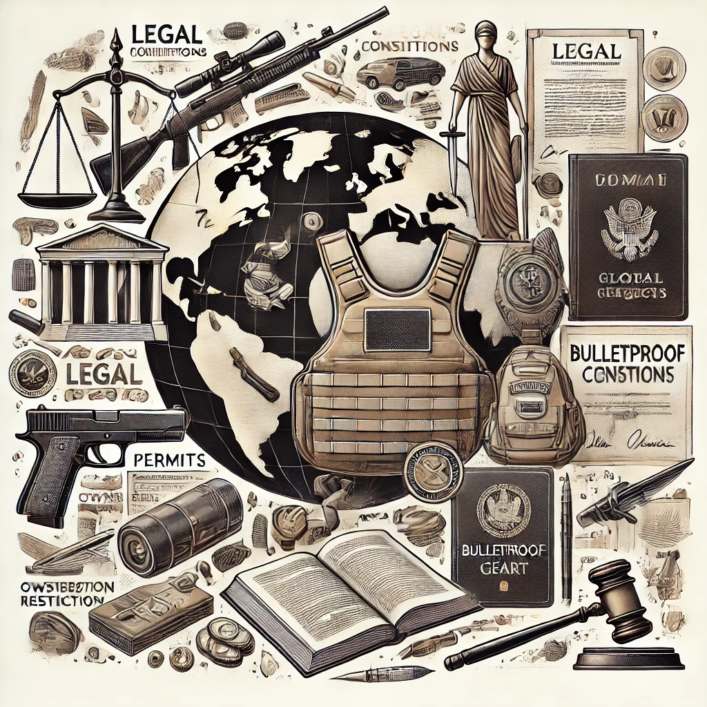 Illustration of legal considerations for bulletproof gear, featuring legal documents, scales of justice, global maps with highlighted regulations, permits, law books, and symbols of restricted access. Reflects the complexity of legal compliance, ownership restrictions, and ethical implications of bulletproof gear.