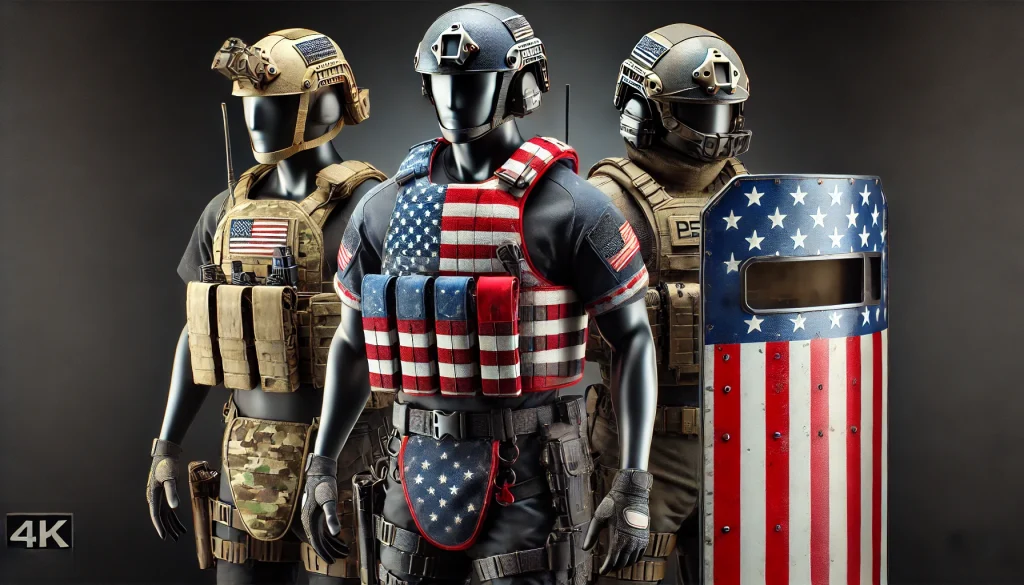 A detailed 4K image showcasing common types of bulletproof gear with a red, white, and blue American theme. The image includes a bulletproof vest on a mannequin, illustrating torso protection, a tactical ballistic helmet highlighting head protection, and a ballistic shield used by police and military personnel in high-risk operations. The gear appears modern, authentic, and is displayed against a background with subtle patriotic accents, emphasizing protection and functionality in a professional and clean presentation
