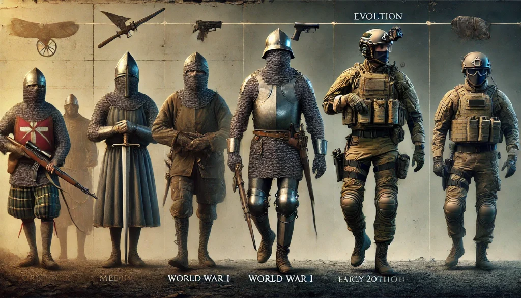 A 4K image depicting the history of bulletproof gear through an evolution timeline. On the left, a medieval knight in traditional metal armor represents early protective gear used by knights and soldiers. In the center, a World War I-era soldier wears rudimentary bulletproof gear, symbolizing the early 20th-century transition phase. On the right, a modern soldier or law enforcement officer is shown with advanced bulletproof gear, including a Kevlar vest and tactical helmet. The background transitions from a historic to a modern setting, visually illustrating the progression of protective gear over time, with elements like swords, guns, and tactical equipment highlighting the contrast between eras.