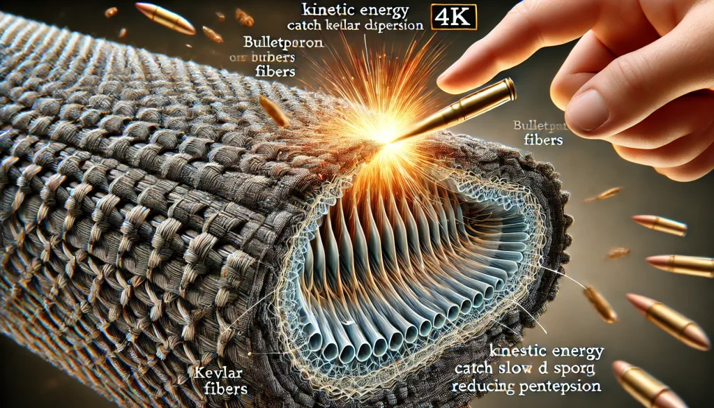 K image illustrating how bulletproof gear works, showcasing a detailed cross-sectional view of bulletproof materials like Kevlar fibers absorbing and dispersing kinetic energy from an incoming bullet. The visualization emphasizes the science behind how tightly woven fibers catch and slow down bullets, reducing penetration. Let me know if you need anything else!